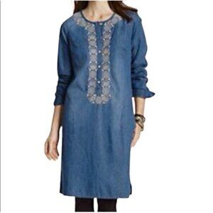 J Jill Blue Chambray Kaftan Dress Cotton  Embroidered Pockets Long Sleeve XL